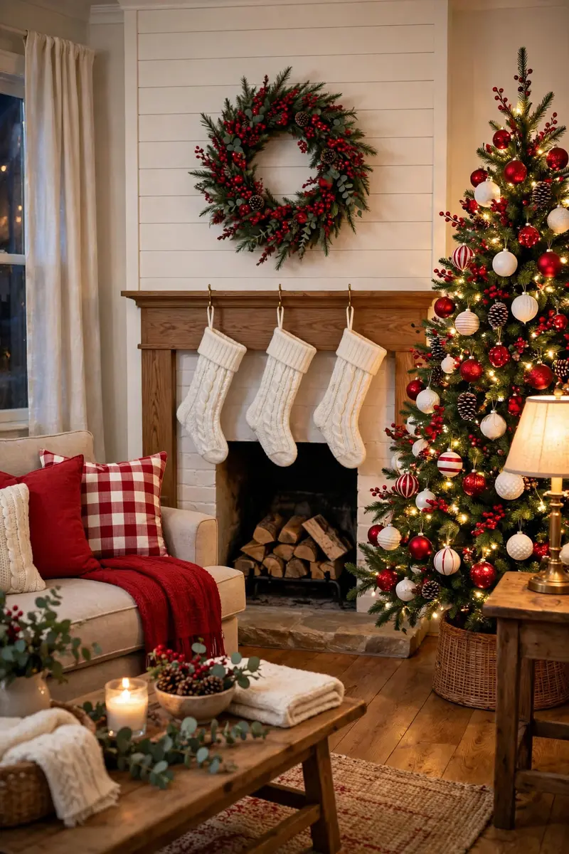 Cozy Christmas living room decor ideas — classic red and white Christmas living room