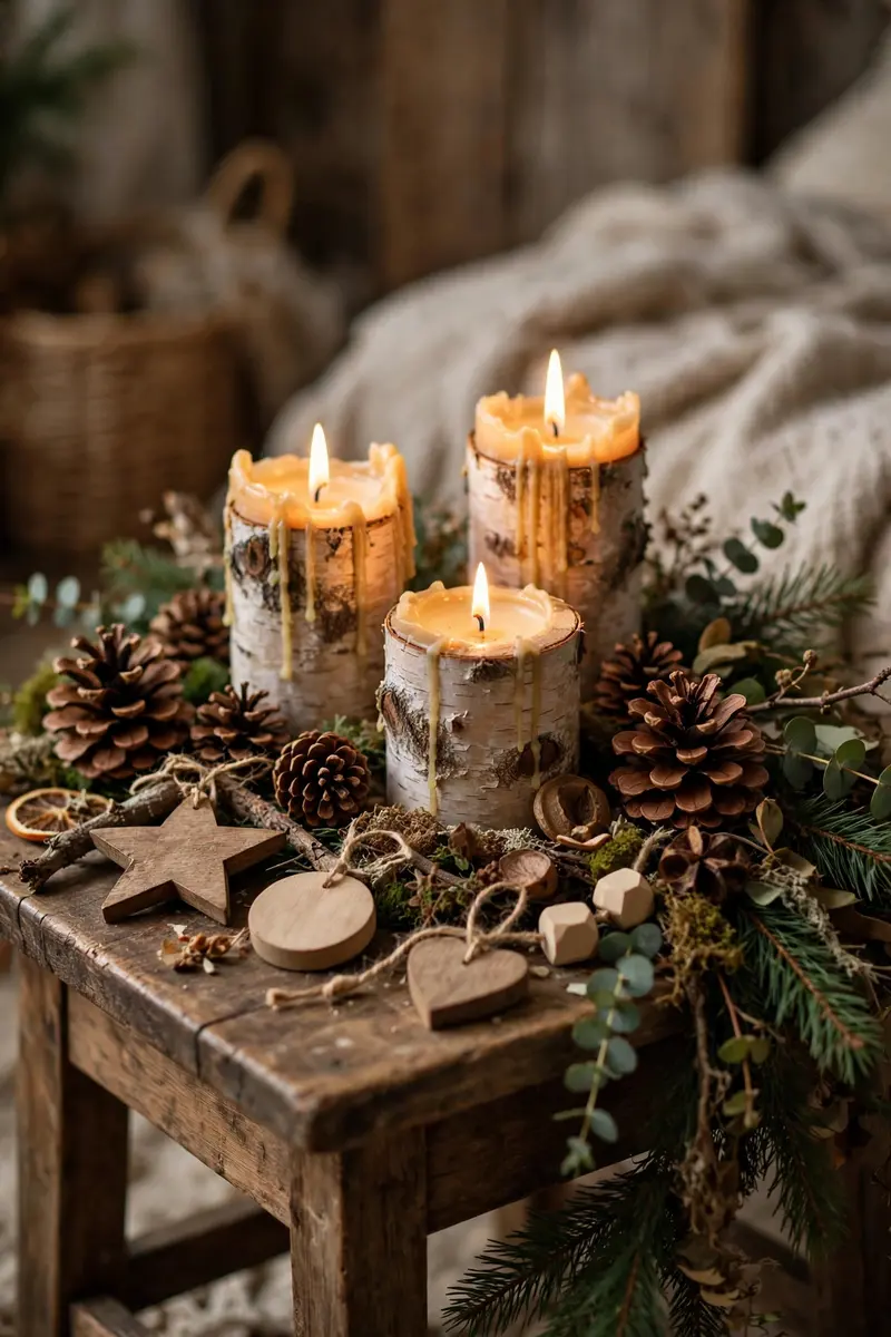 Cozy Christmas living room decor ideas — woodland rustic decor with pinecones and wooden ornaments