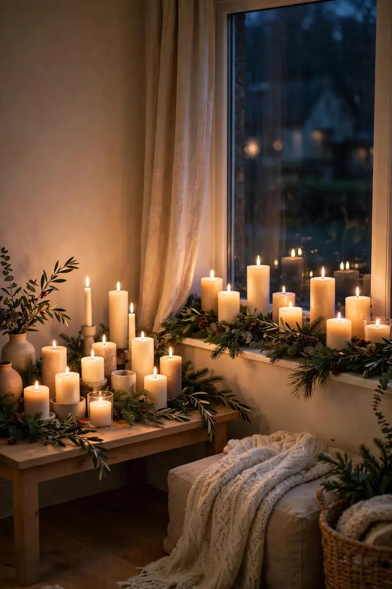 Cozy Christmas living room decor ideas — candlelit corners with pillar candles