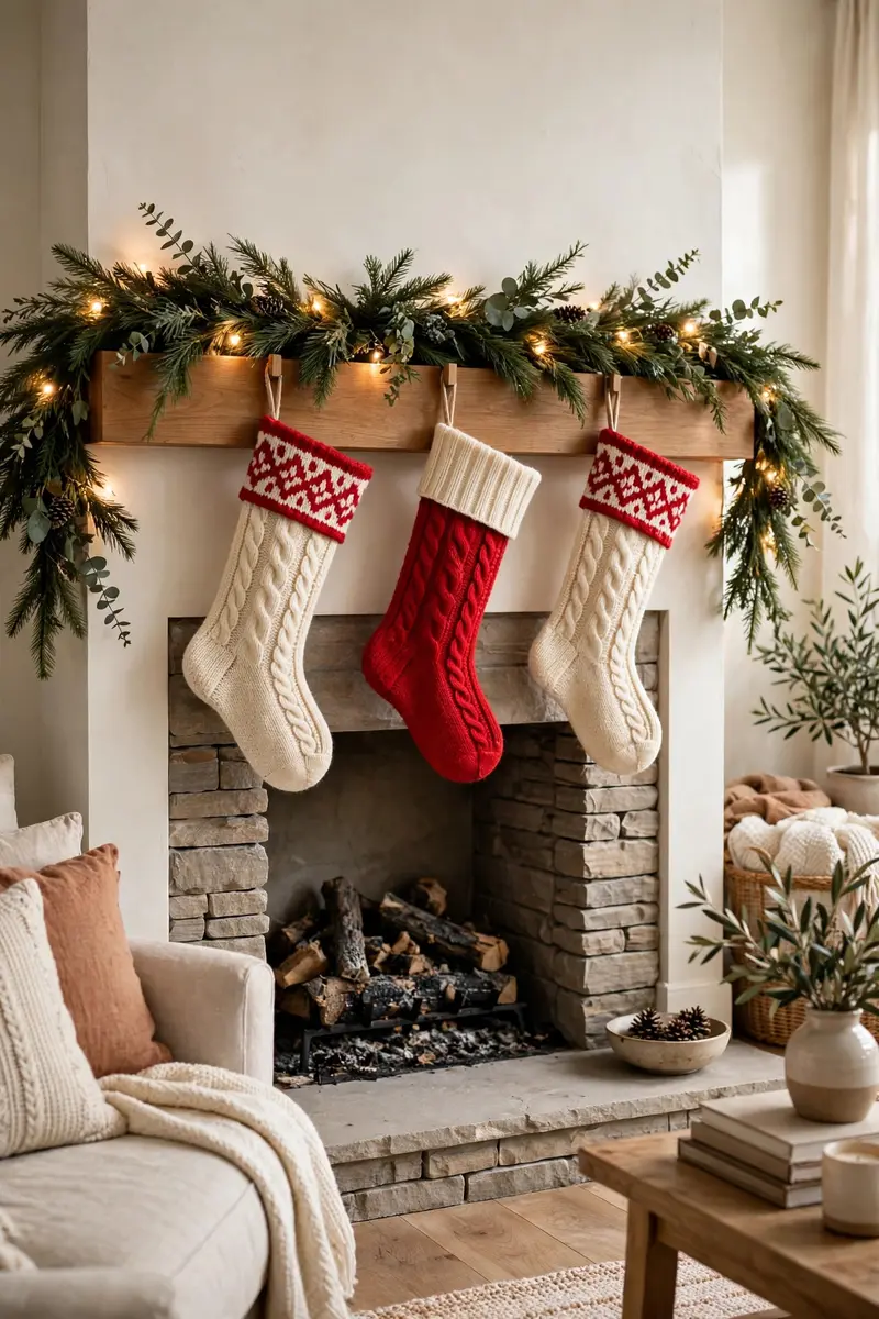 Cozy Christmas living room decor ideas — personalized stockings on a mantel