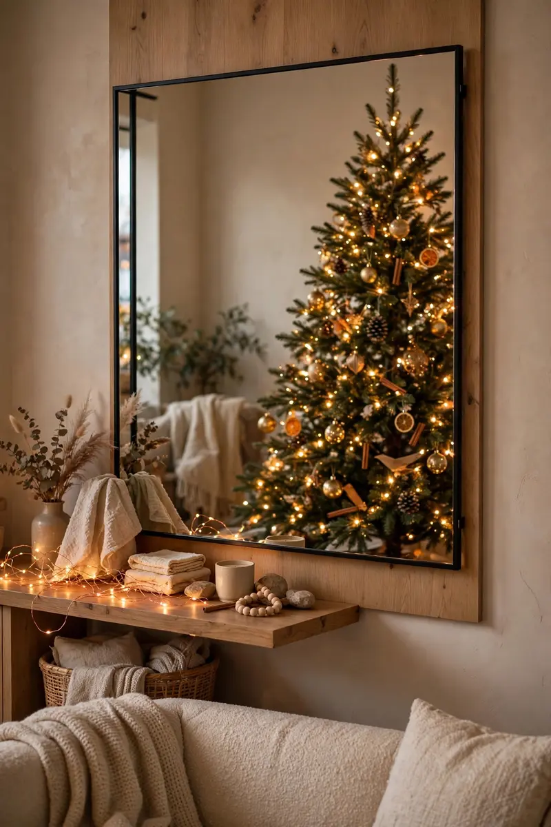 Cozy Christmas living room decor ideas — mirror reflecting Christmas tree lights
