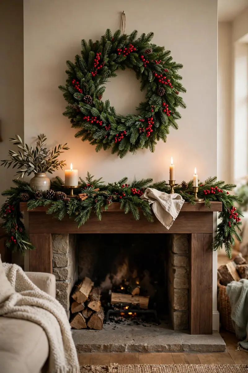 Cozy Christmas living room decor ideas — wreath hanging above a mantel