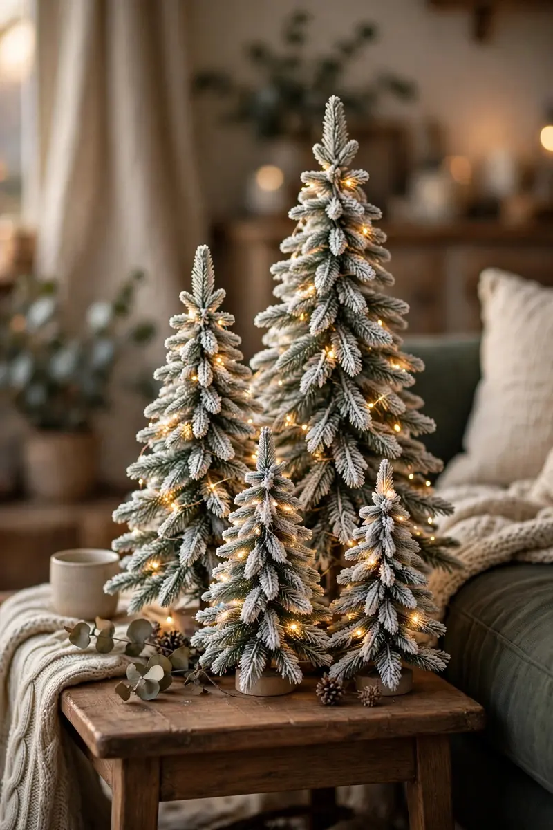 Cozy Christmas living room decor ideas — mini trees on a side table