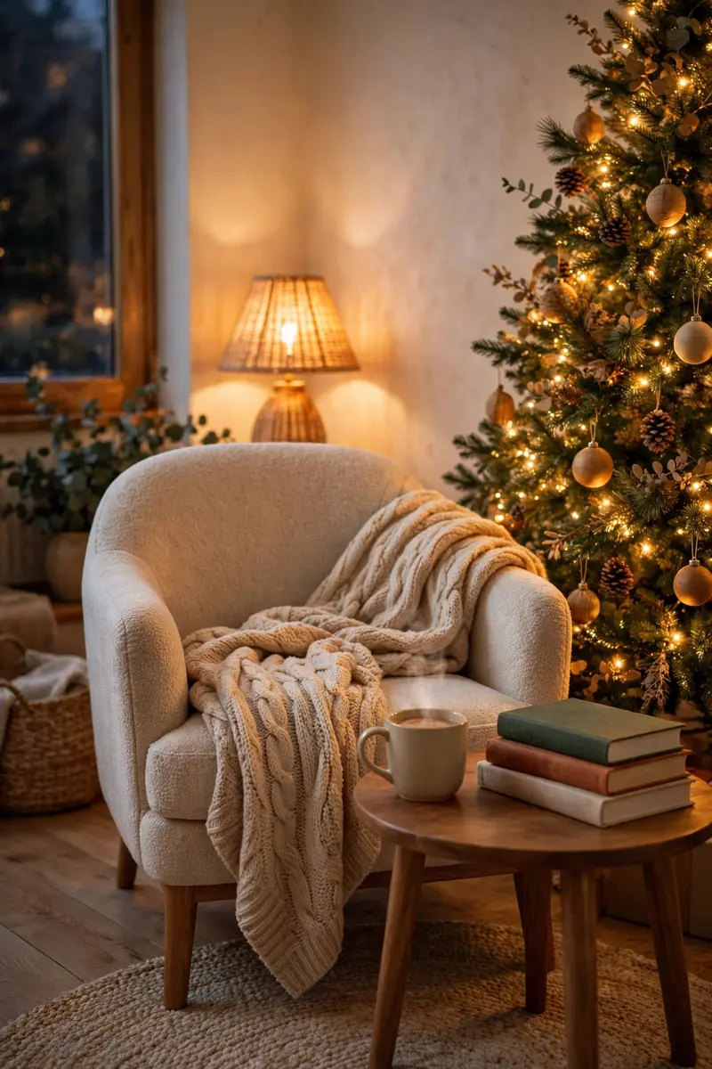 Cozy Christmas living room decor ideas — reading nook by the Christmas tree