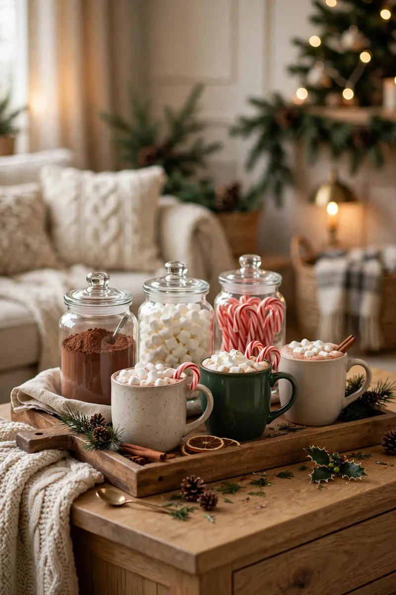 Cozy Christmas living room decor ideas — hot cocoa station with mugs and marshmallows