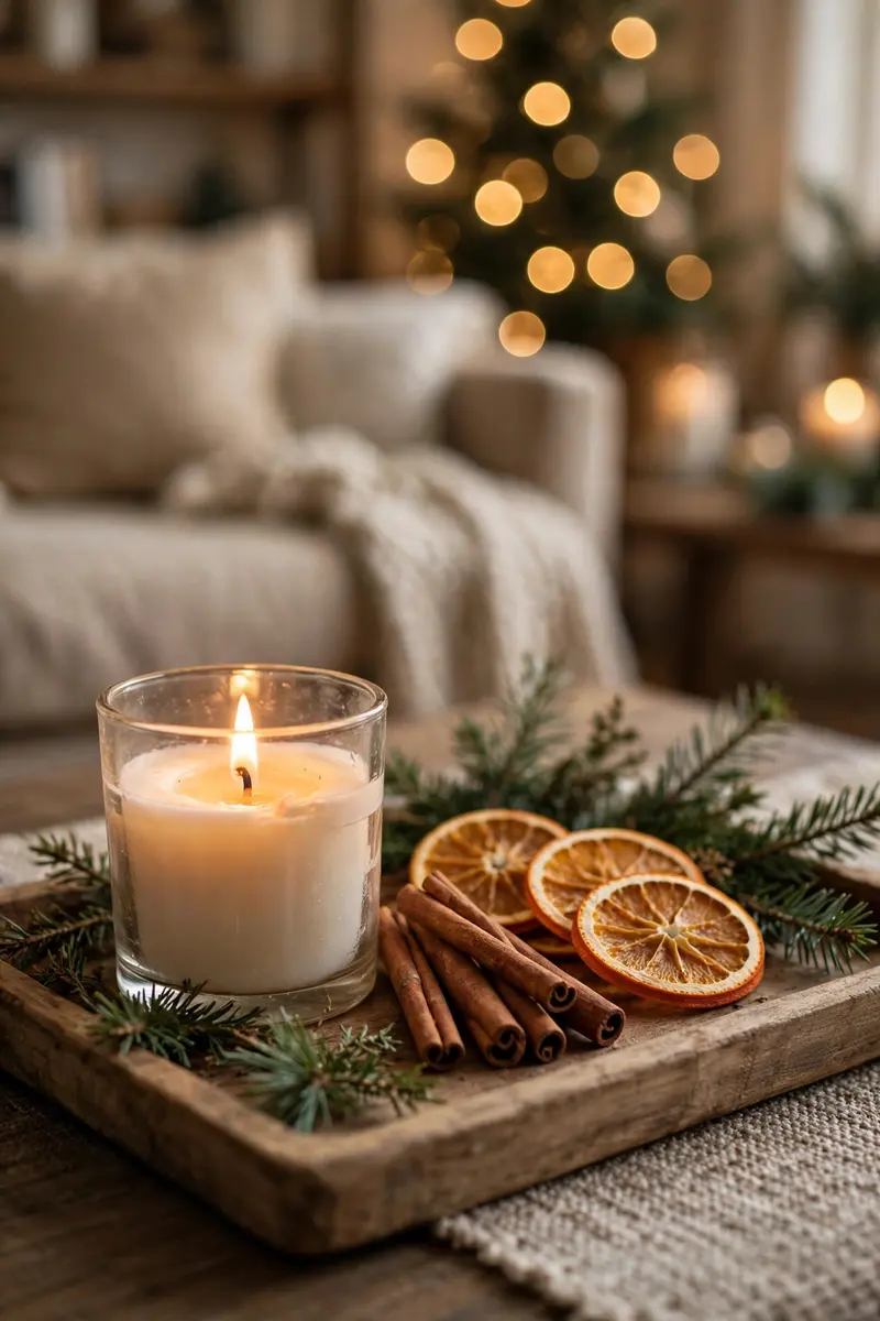 Cozy Christmas living room decor ideas — scented candles and seasonal greenery