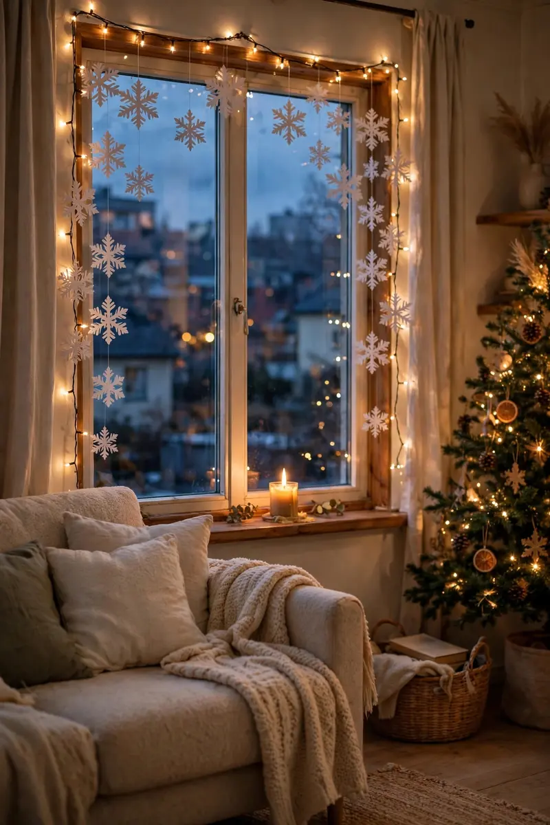 Cozy Christmas living room decor ideas — windows dressed with fairy lights