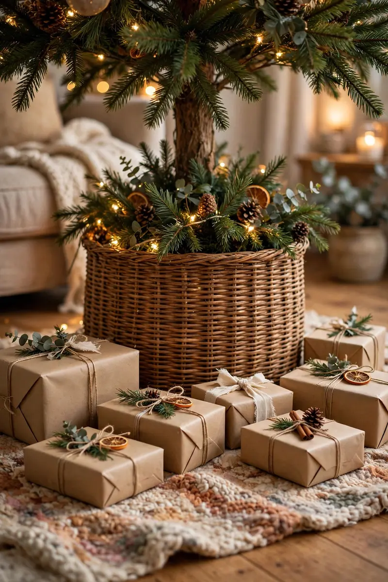 Cozy Christmas living room decor ideas — woven tree collar under a Christmas tree