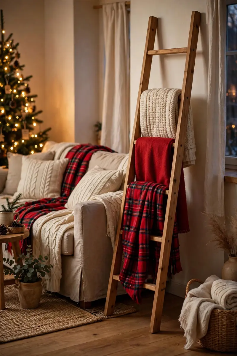Cozy Christmas living room decor ideas — blanket ladder with festive throws by a sofa
