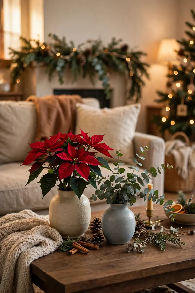 Cozy Christmas living room decor ideas — poinsettias and fresh greenery in a living room
