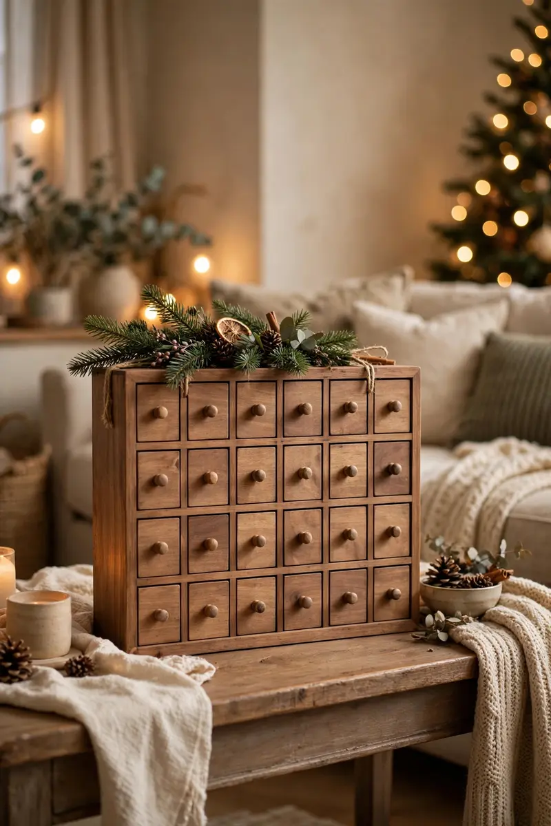 Cozy Christmas living room decor ideas — wooden advent calendar on display