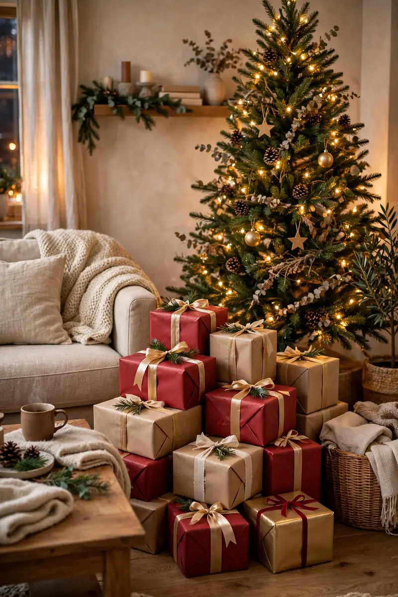Cozy Christmas living room decor ideas — coordinated gift wrap under a Christmas tree