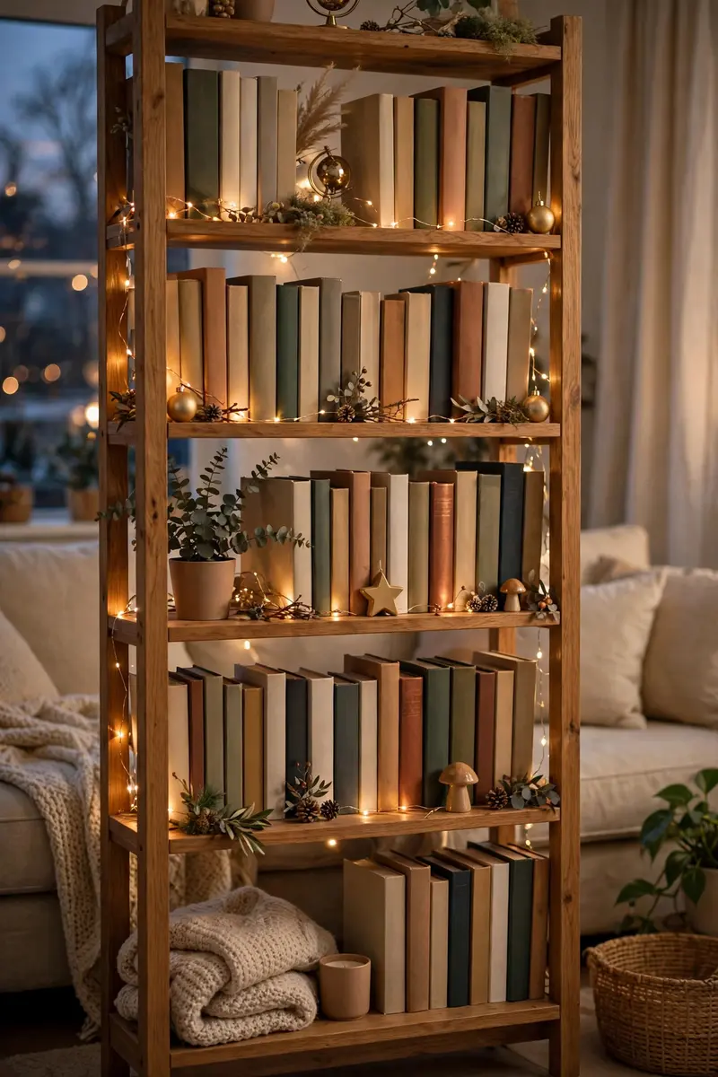 Cozy Christmas living room decor ideas — string lights along bookshelves