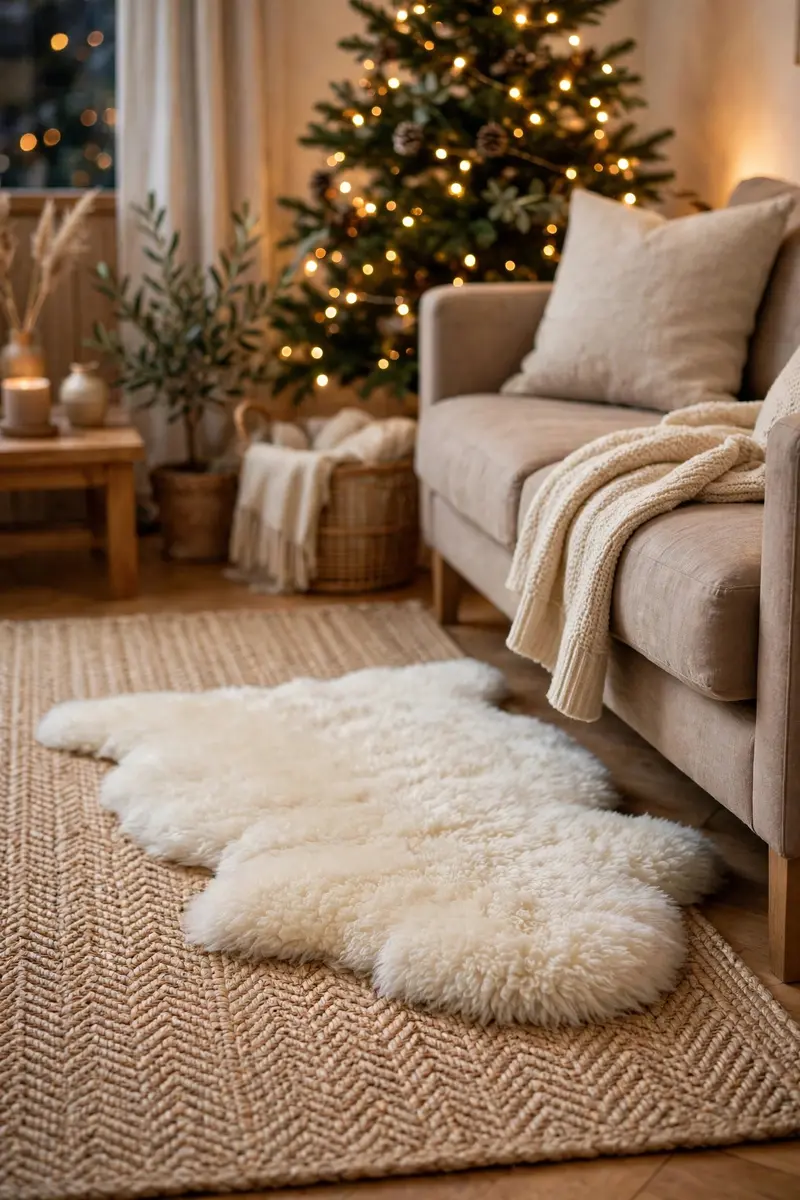 Cozy Christmas living room decor ideas — layered rugs for warmth