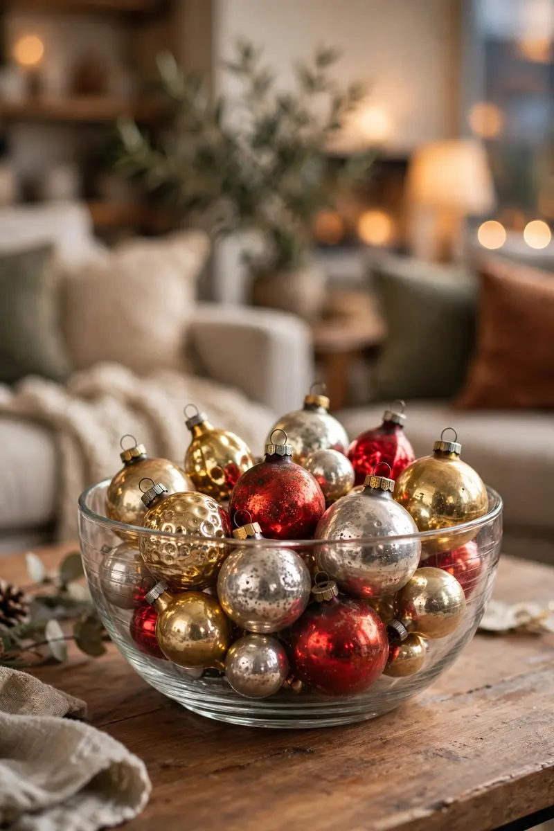 Cozy Christmas living room decor ideas — heirloom and vintage ornaments on display