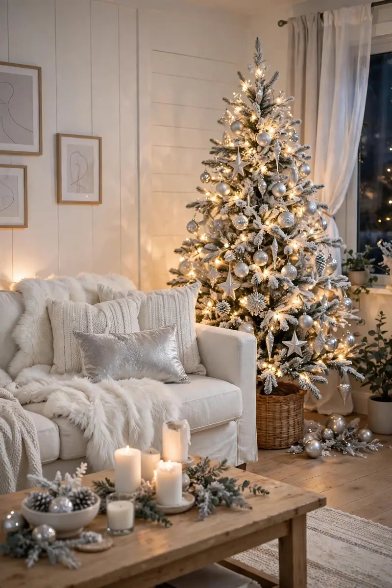 Cozy Christmas living room decor ideas — snowy white and silver Christmas living room