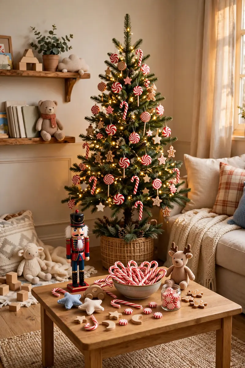 Cozy Christmas living room decor ideas — whimsical kids' corner with a mini tree