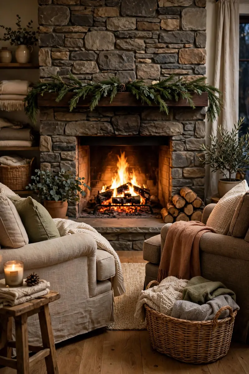 Cozy Christmas living room decor ideas — glowing fireplace as the star of the room