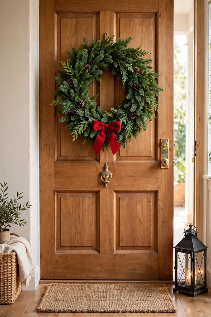 DIY Christmas wreath ideas — classic fresh evergreen wreath with red velvet bow on a wooden door