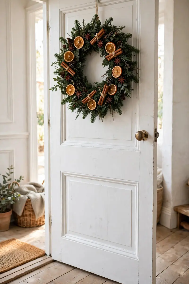 DIY Christmas wreath ideas — dried orange and cinnamon wreath on a white door
