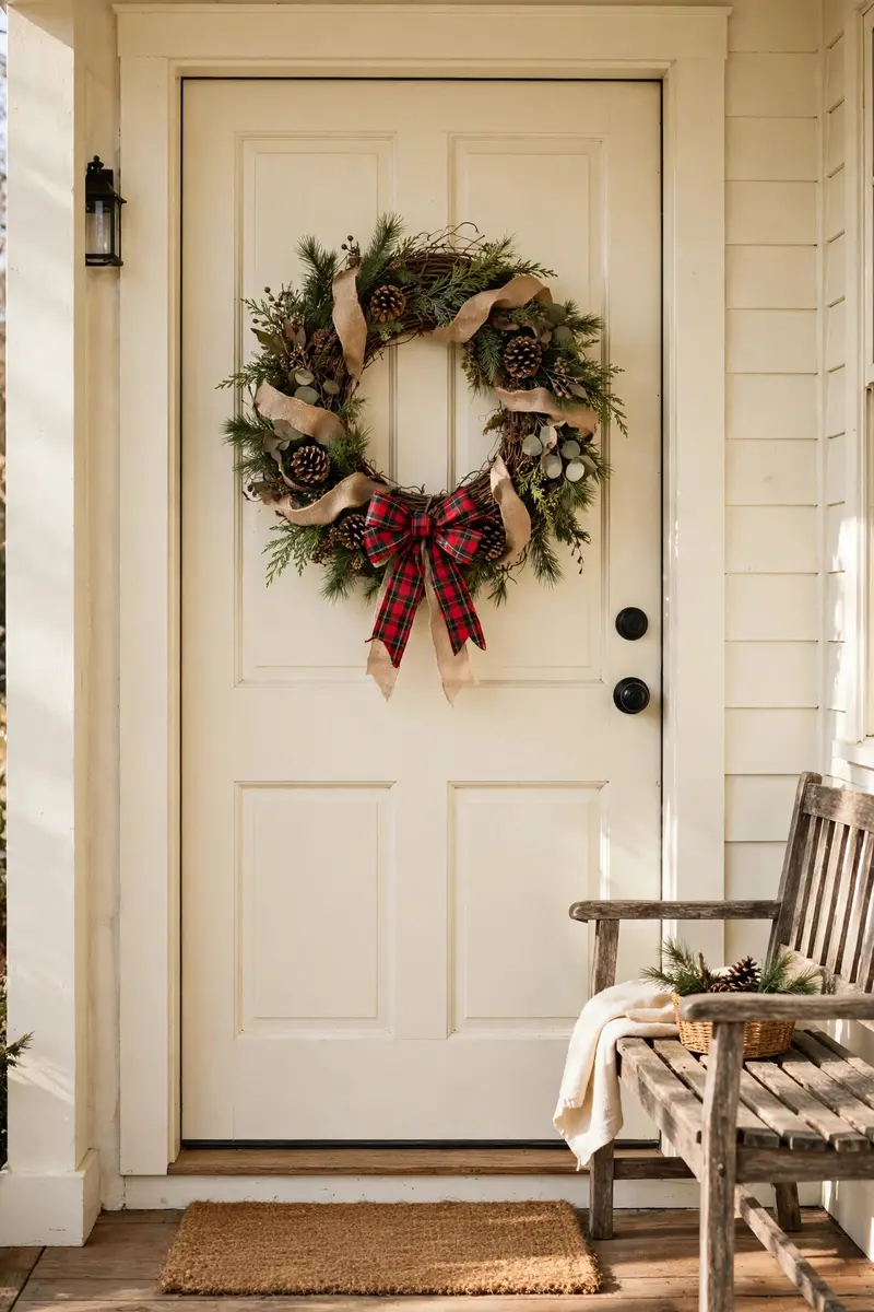 DIY Christmas wreath ideas — farmhouse burlap and pinecone wreath with plaid bow