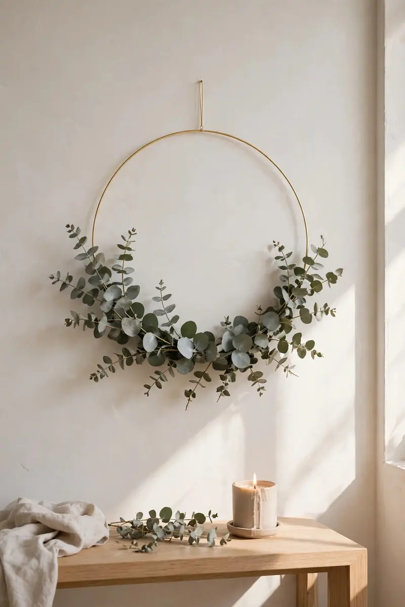 Modern minimalist eucalyptus wreath on a gold hoop ring