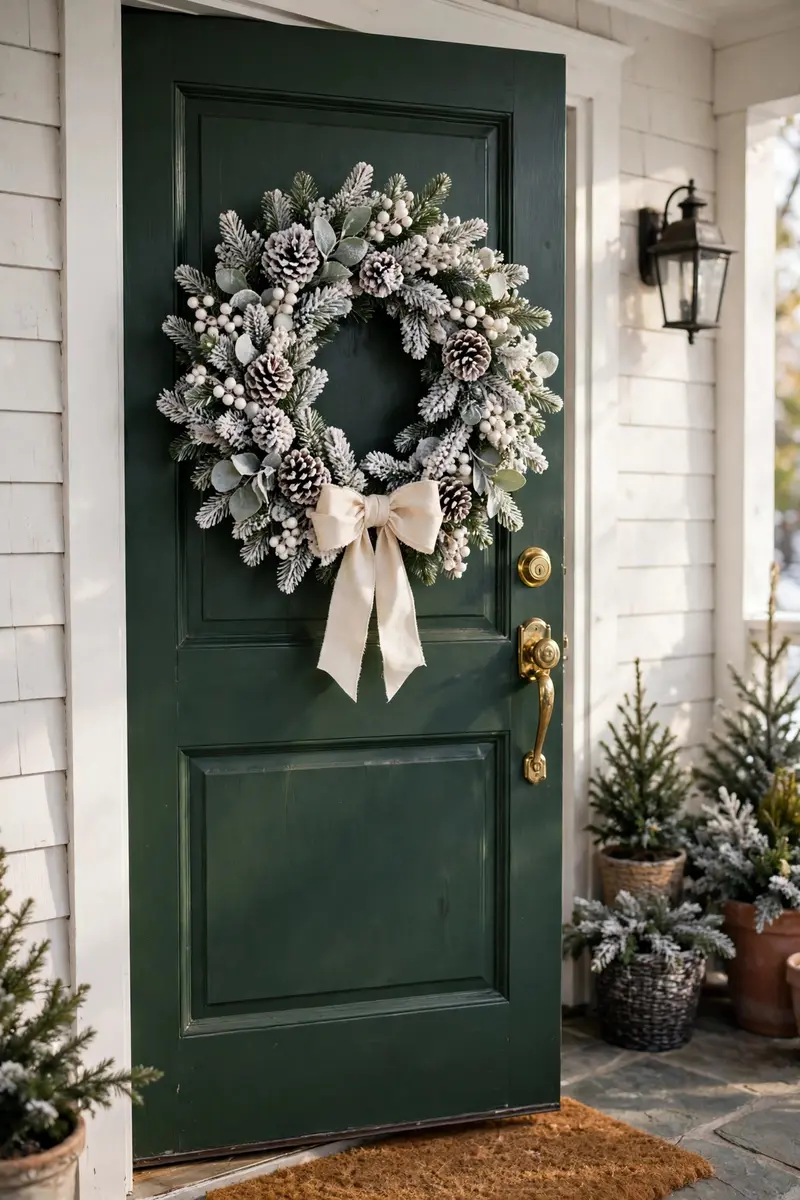 Frosted snowy pinecone wreath with white berries on a dark green door