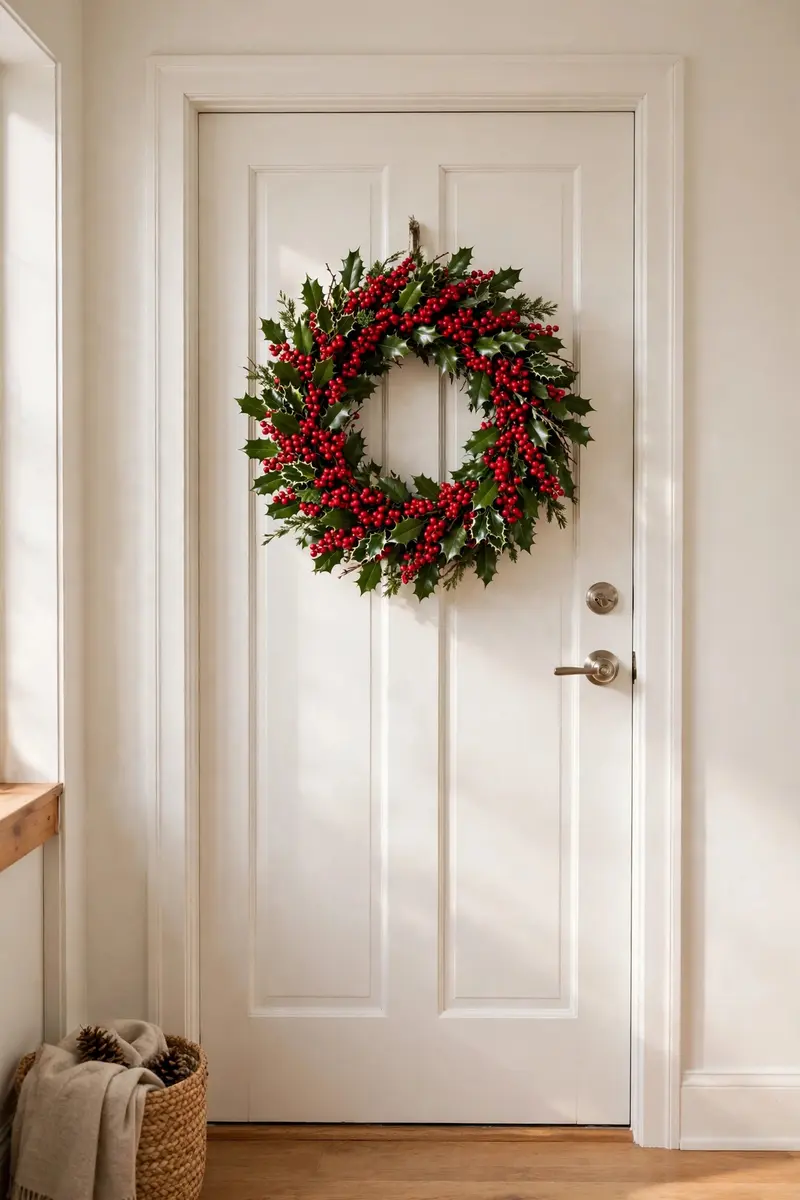 Red berry holly wreath on a white door