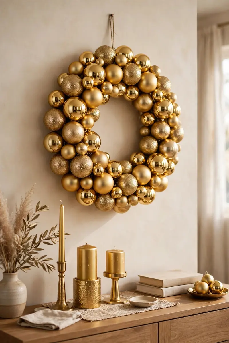 Gold glam ornament wreath on a cream wall