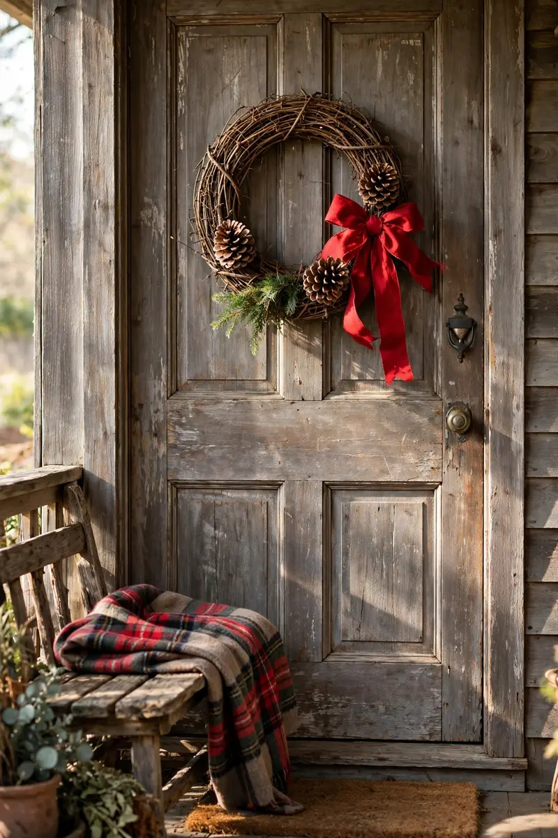 Rustic grapevine wreath with pinecones and red ribbon bow