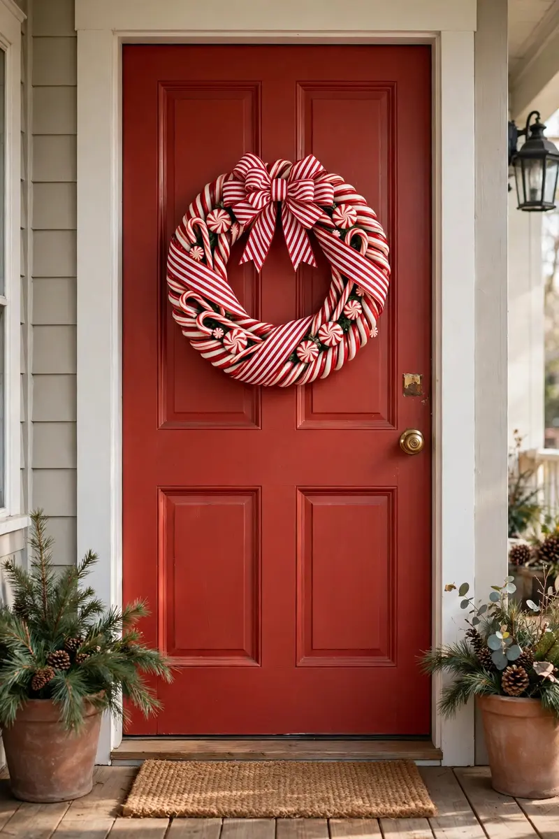 Candy cane stripe wreath with peppermint ornaments on a red door