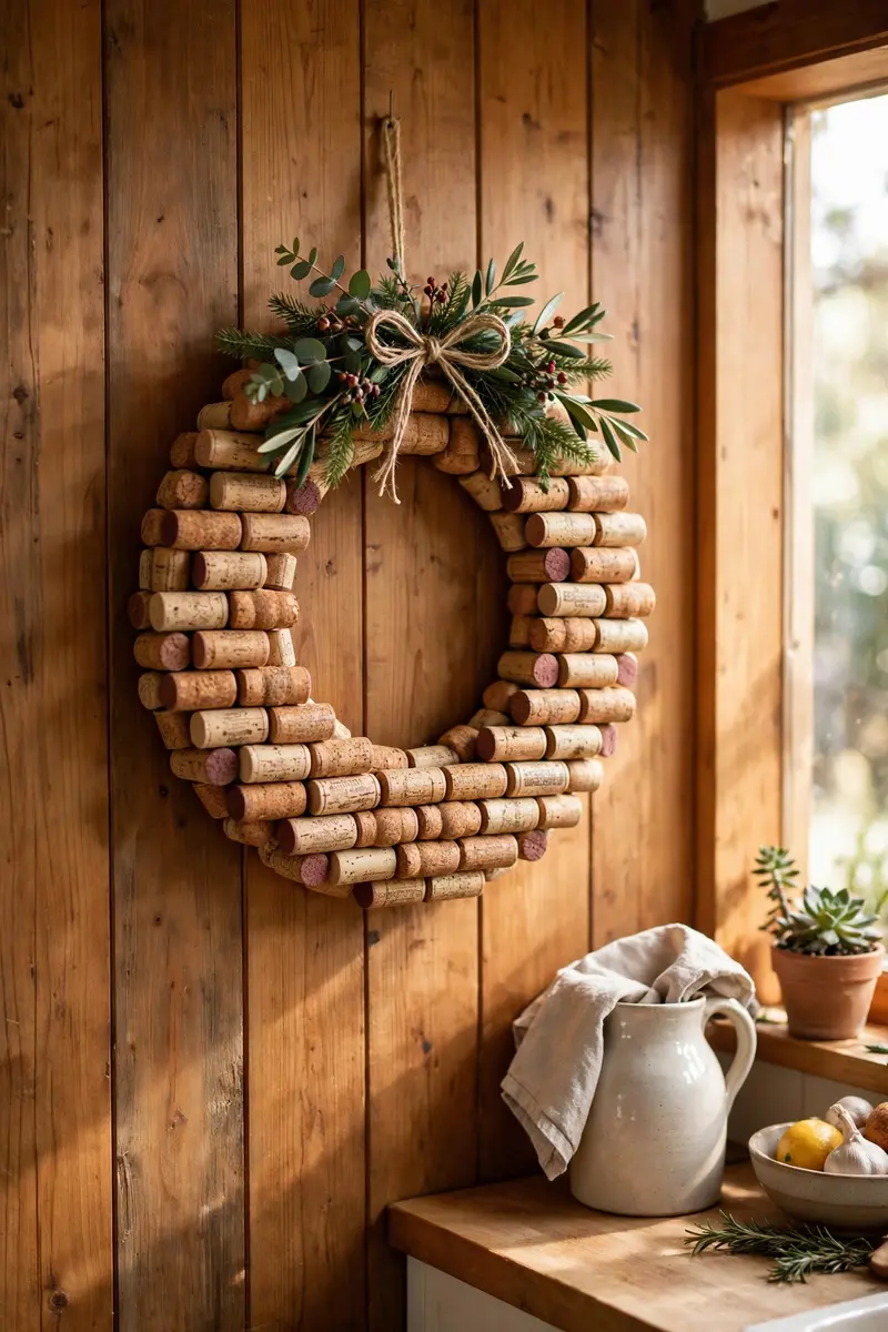 Upcycled wine cork wreath on a wooden kitchen wall