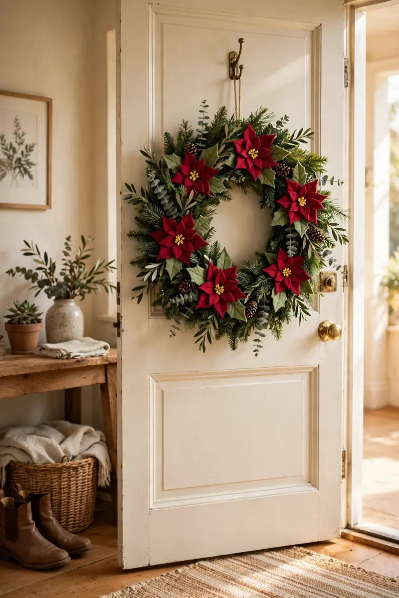 Felt poinsettia wreath on a cream door