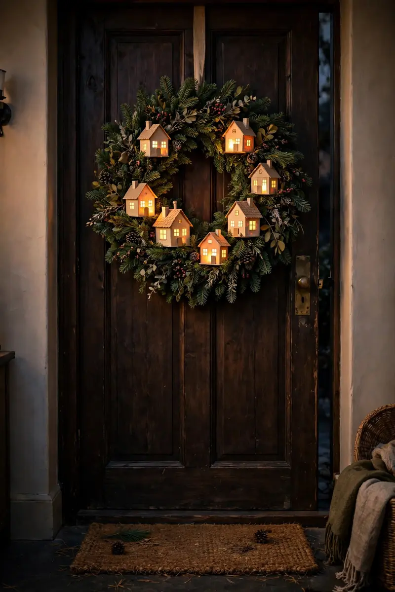 Paper village wreath with glowing tiny houses