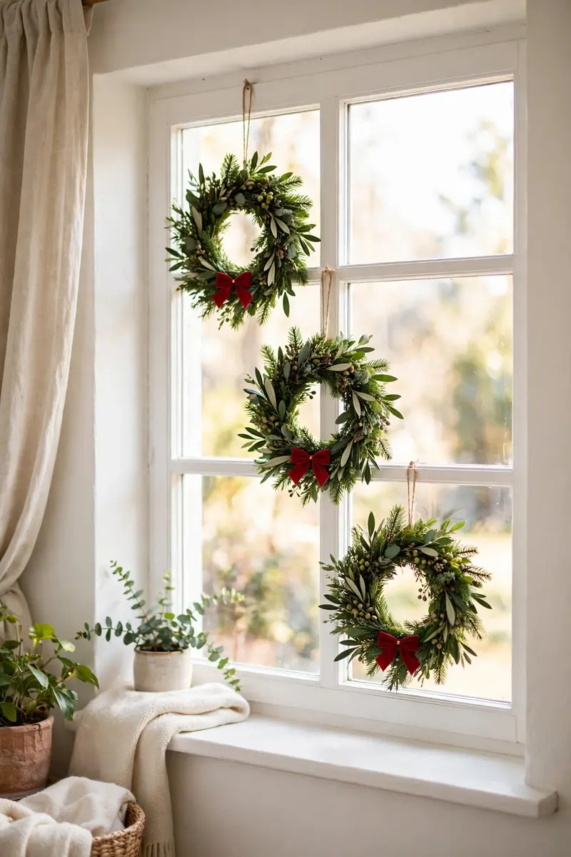 Mini window wreath trio hanging on a white window