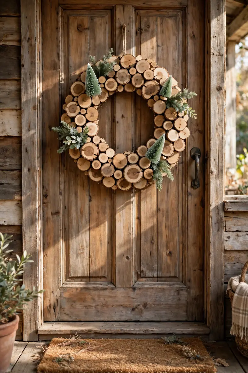Wood slice farmhouse wreath on a rustic wooden door