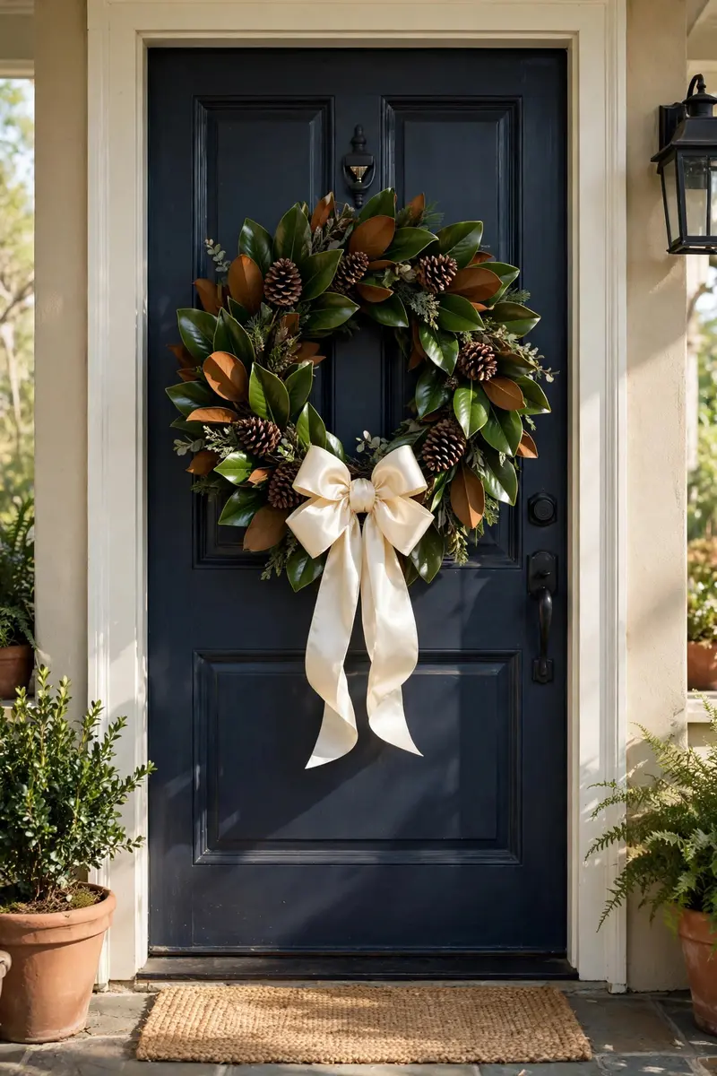 Magnolia leaf Southern wreath with cream satin bow