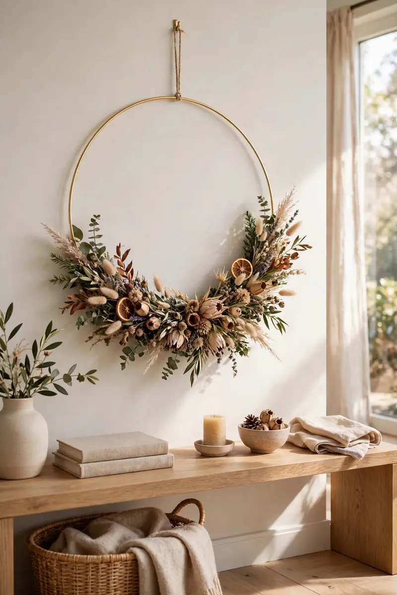Asymmetric half-moon wreath on a gold hoop