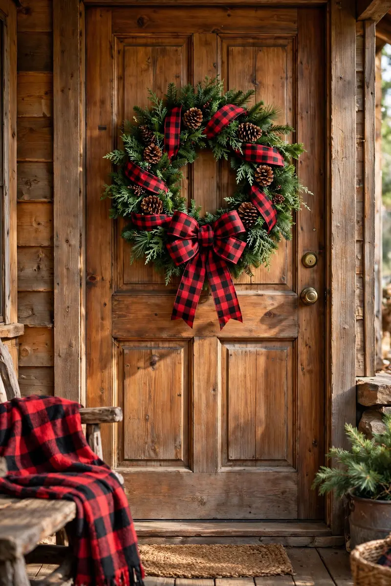 Plaid buffalo check wreath on a cabin-style door
