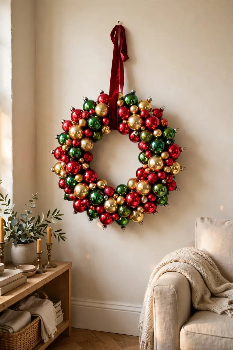 Vintage bulb ornament wreath in red, green and gold