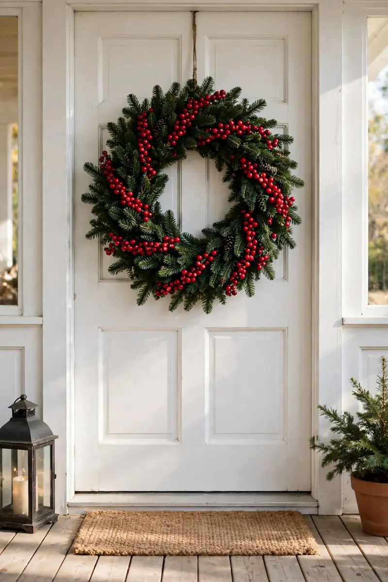 Cranberry and evergreen wreath on a white door
