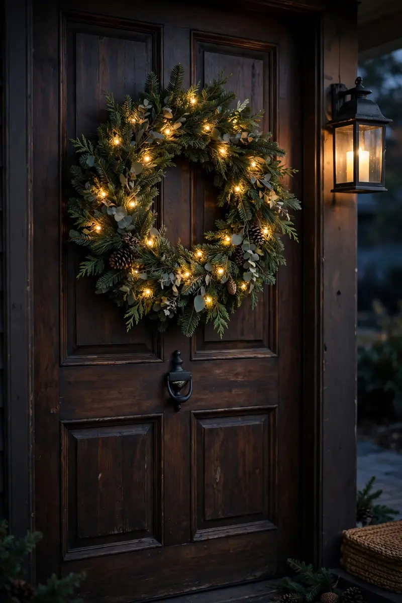 Fairy-light glow wreath on a dark wooden door at dusk