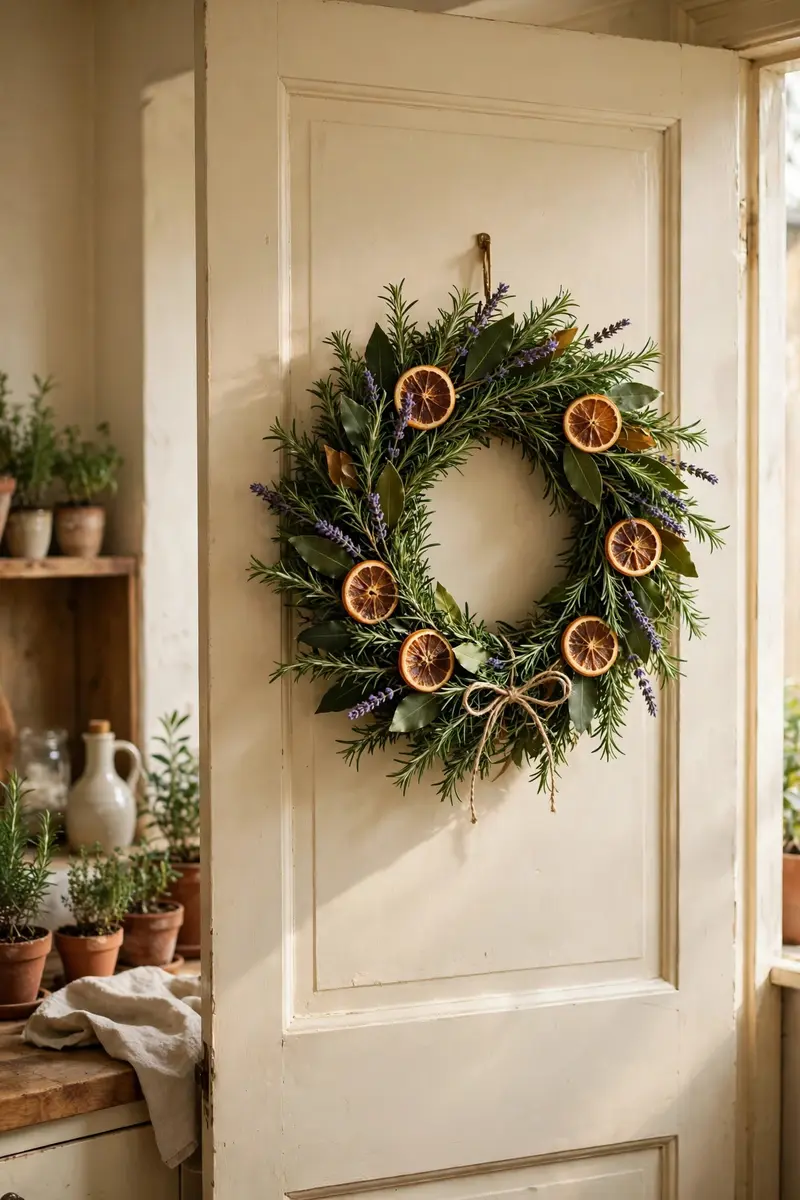 Scented herb wreath with rosemary, bay and dried orange