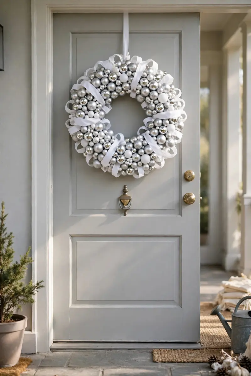 Dollar store glam wreath in silver and white