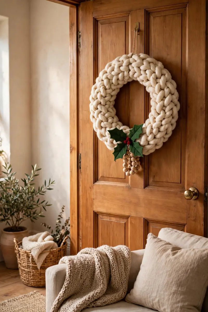 Chunky yarn-wrapped wreath with felt holly leaves