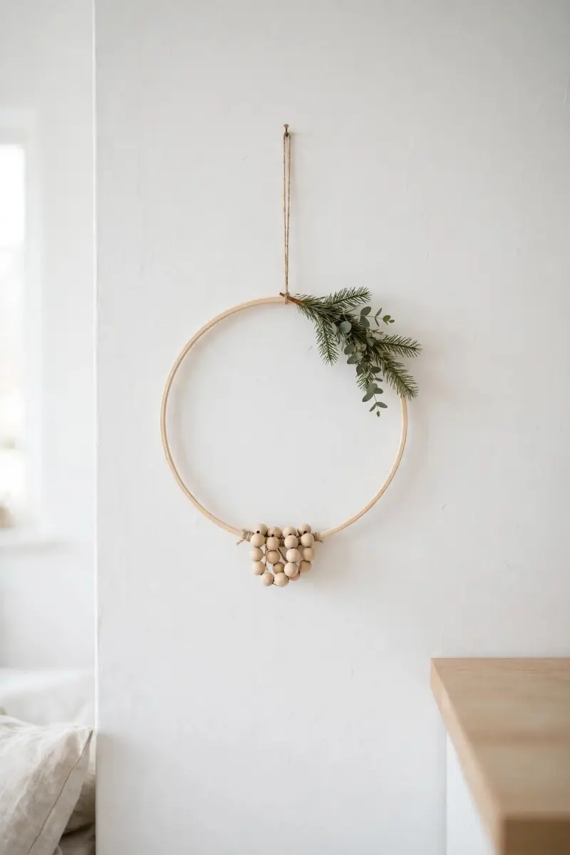 Scandinavian simple wreath on a thin wooden hoop