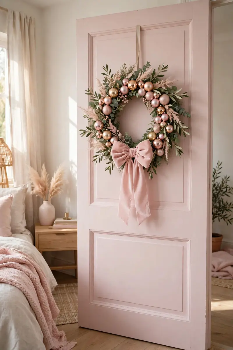 Pink blush modern wreath with rose-gold ornaments