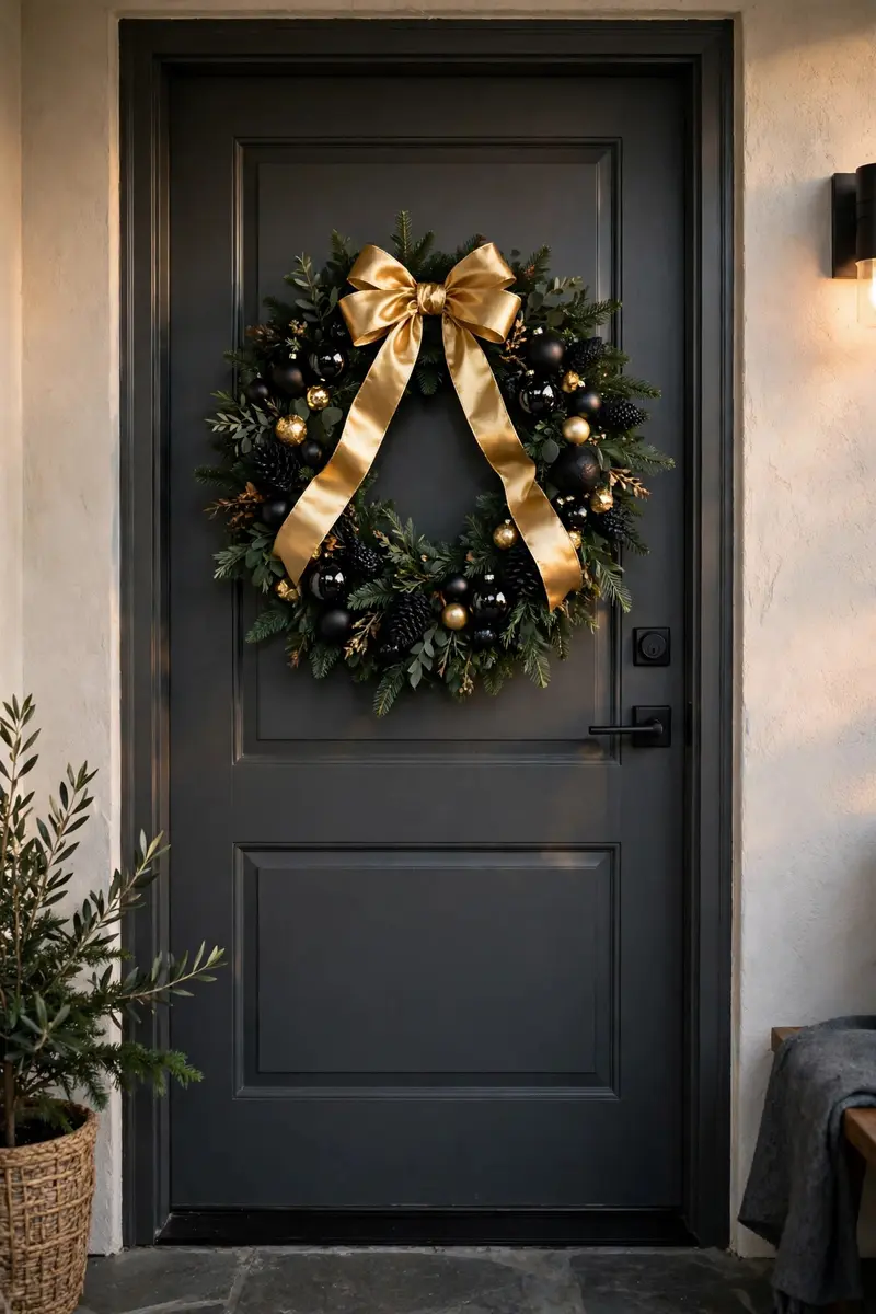 Black and gold elegant wreath on a charcoal door