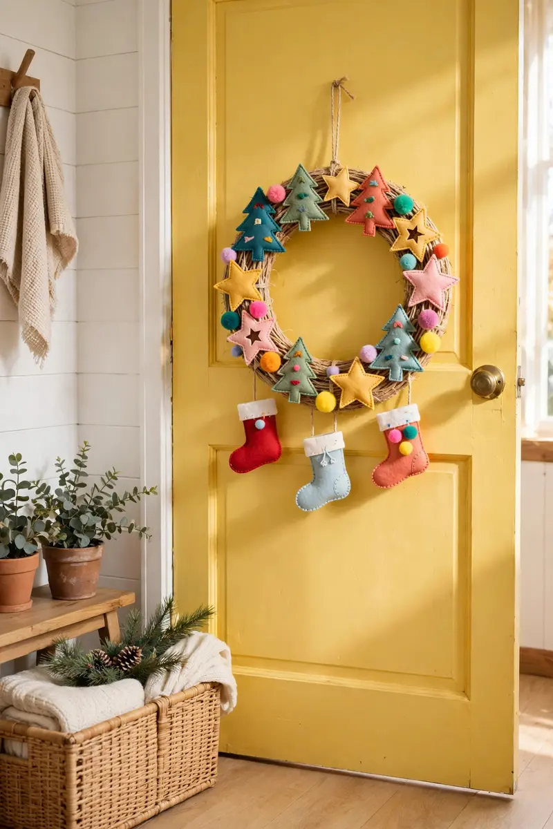 Kid-friendly felt and pom-pom wreath on a yellow door
