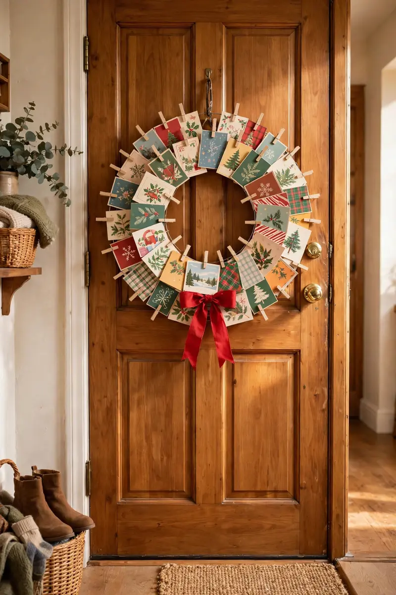 Holiday card keepsake wreath on a wooden door